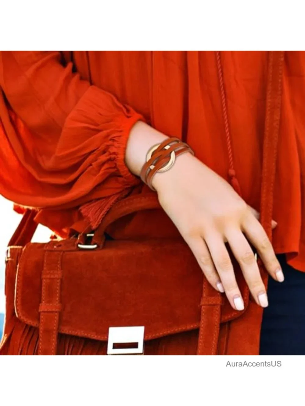 Leather Wrap Bracelet Gold Circle Charm Boho Multilayer Stackable Cuff